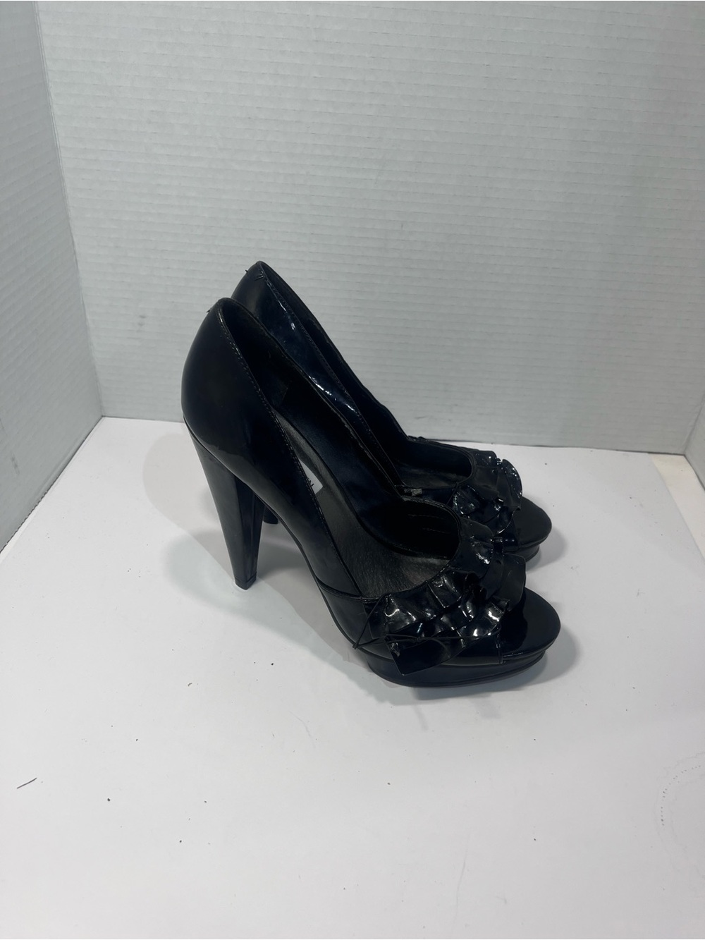 Steve Madden Black Patent Peep-Toe Heels with Bow Detail